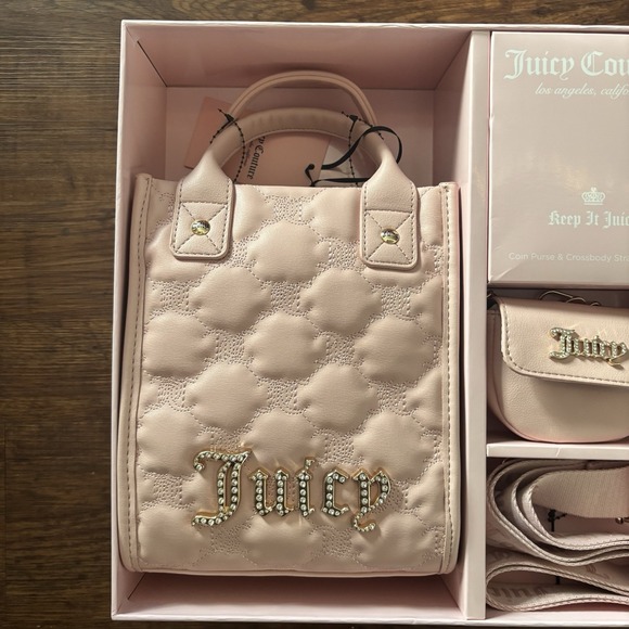 NWT Juicy Couture 3 Piece Set Quilted Pink‎ Diamond - Coin Purse/Shoulder Strap